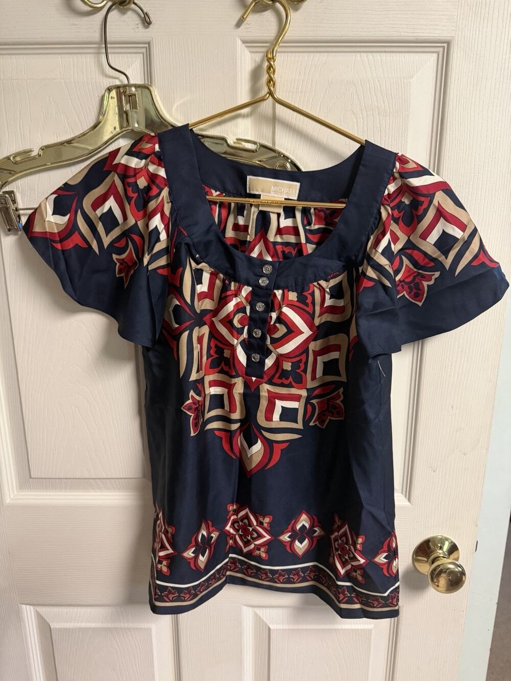 MICHAEL KORS boho peasant Top silk blouse shirt geo chic flouncy Petite Xs 34w